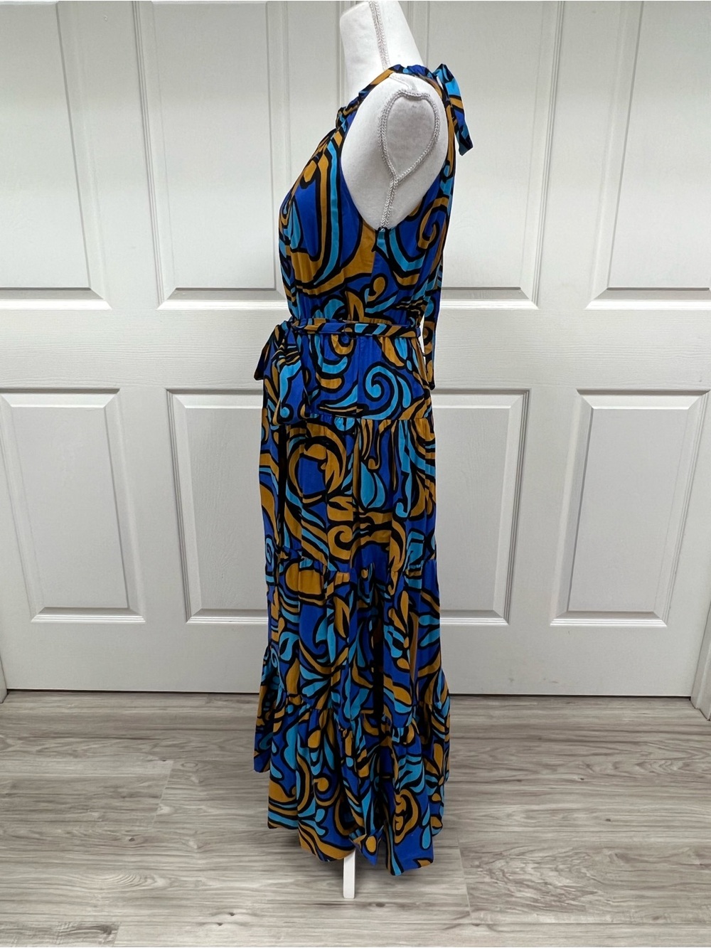 Zara Printed Halter Maxi Dress in Blue Orange Size S NWT - Picture 7 of 13